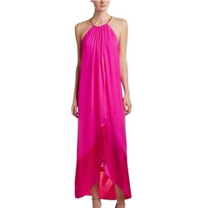 TRINA TURK Poinciana Silk Maxi Dress Gold Neck Detail Pink Halter Sleeveless 8